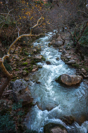 Landscape with waterfall in Vouraikos gorge, Peloponnese, Greeceの写真素材