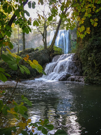 Scenic waterfalls at the park of Monasterio de Piedra, Zaragoza, Aragon, Spainの写真素材
