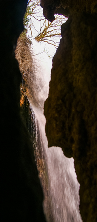 View to waterfalls at hte park of Monasterio de Piedra from the cave, Zaragoza, Aragon, Spainの写真素材