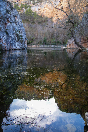 Landscape with reflections in the lake in the park  of Monasterio de Piedra, Zaragoza, Aragon, Spainの写真素材