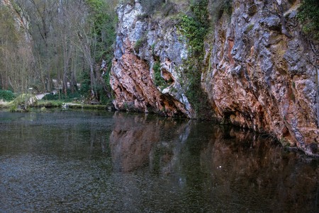 Landscape with reflections in the lake in the park  of Monasterio de Piedra, Zaragoza, Aragon, Spainの写真素材