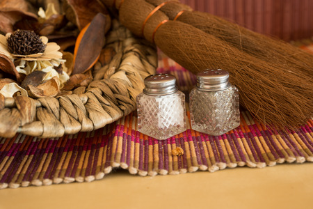 Kitchen still life with salt, pepper and spicesの写真素材