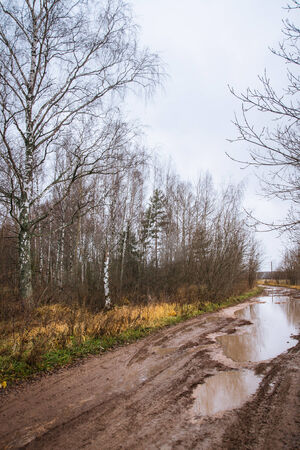 Season of bad roads. Autumn roads around Palekh, Vladimir region, Russiaの写真素材