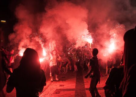 Patra, Peloponnese, Greece - March, 17:the annual carnival in Patras, folk festivals, night parade 17 March 2013 in Patras, Peloponnese, Greeceのeditorial素材