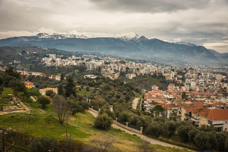 Cloudy cityscape with mountains at Patras, Peloponnese, Greeceの写真素材