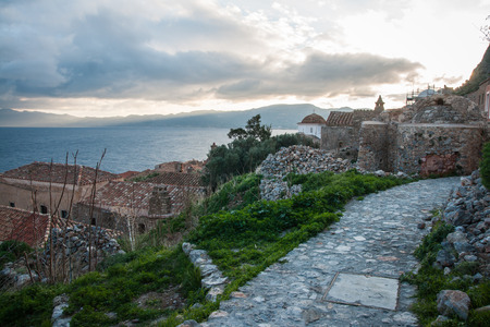 Cityscape  with seaview at medieval town of Monemvasia, Peloponnese, Greeceの写真素材