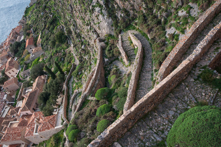 Stairs from the lower to the upper town at medieval city of Monemvasia, Peloponnese, Greeceの写真素材