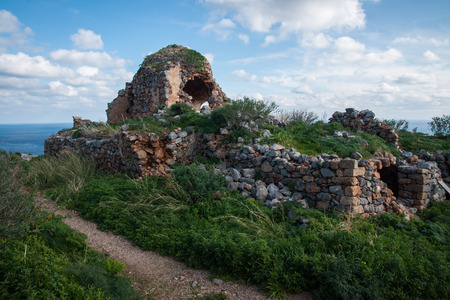 Medieval church  at the upper town of Monemvasia and seaview, Peloponnese, Greeceの写真素材