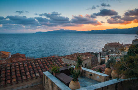 Cityscape  with seaview at medieval town of Monemvasia, Peloponnese, Greeceの写真素材
