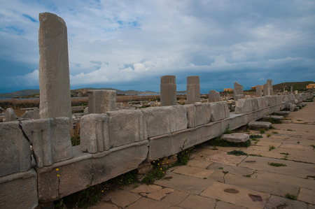 Ancient Greek ruins at the archaeological island of Delos, Cyclades, Greeceの写真素材