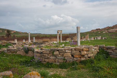 Ancient Greek ruins at the archaeological island of Delos, Cyclades, Greece