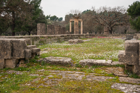 Ancient Greek ruins at the archaeological place of Ancient Olimpia, Peloponnese, Greeceの写真素材