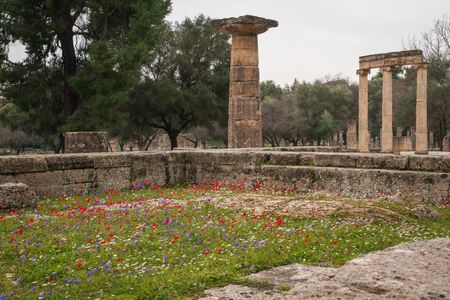 Ancient Greek ruins at the archaeological place of Ancient Olimpia, Peloponnese, Greeceの写真素材