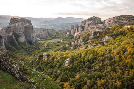 Scenic views of the mountains and monasteries of Meteora, Greece