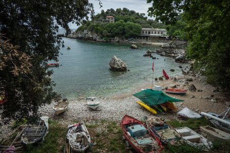 Picturesque sea landscape with fishing boats at Pelion, Greeceの写真素材