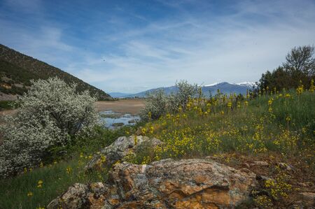 Im,age of a scenic view of the mountains and Lake Prespa, Greeceの写真素材