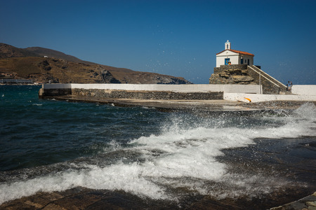 Image of small white church on the beach, Andros, Greeceの写真素材