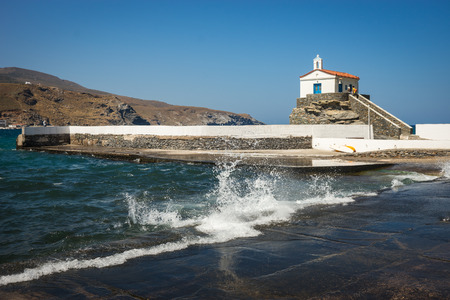 Image of small white church on the beach, Andros, Greeceの写真素材