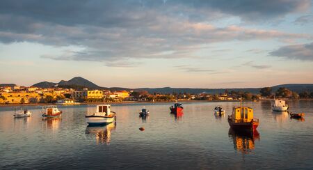 Image of fishing boats in the bay near Methoni, Peloponnese, Greeceの写真素材