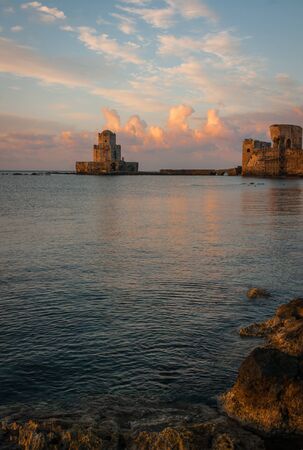 Image of seascape and ruins of fortress of Methoni, Peloponnese, Greeceの写真素材