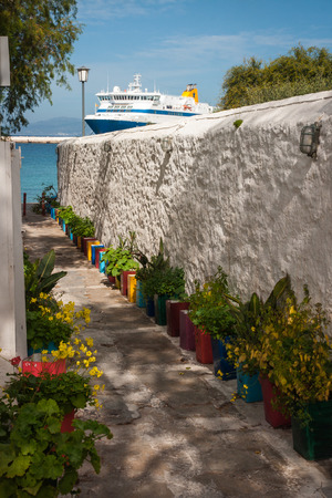 Cityscape with white houses at Mikonos island, Greeceの写真素材