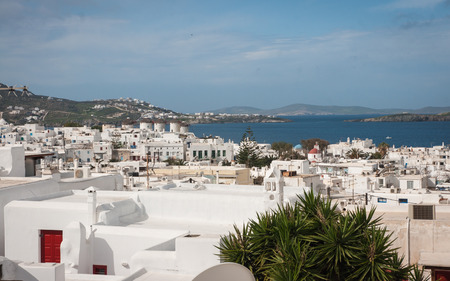 Cityscape with white houses at Mikonos island, Greeceの写真素材