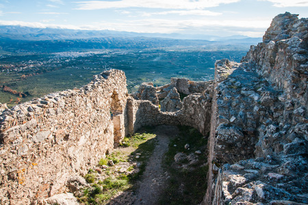 Ruins of the medieval Byzantine ghost town-castle of Mystras, Peloponnese, Greeceの写真素材
