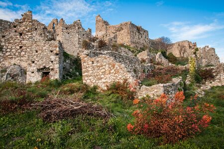Ruins of the medieval Byzantine ghost town-castle of Mystras, Peloponnese, Greeceの写真素材