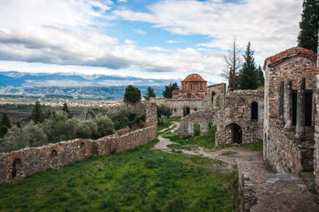 Ruins of the medieval Byzantine ghost town-castle of Mystras, Peloponnese, Greeceの写真素材