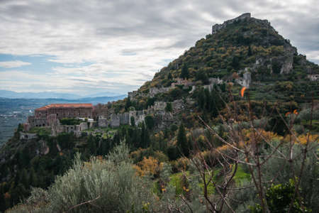 Ruins of the medieval Byzantine ghost town-castle of Mystras, Peloponnese, Greeceの写真素材