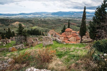 Ruins of the medieval Byzantine ghost town-castle of Mystras, Peloponnese, Greeceの写真素材