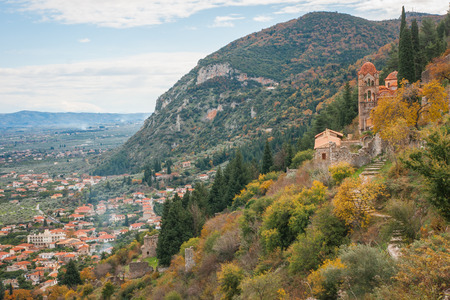 Ruins of the medieval Byzantine ghost town-castle of Mystras, Peloponnese, Greeceの写真素材