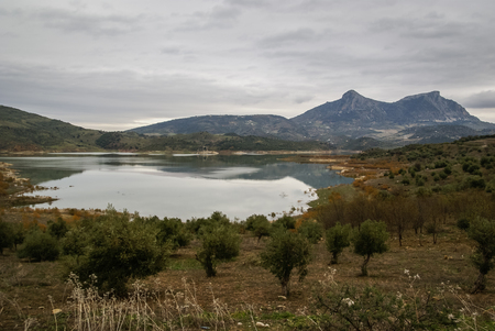 Landscape with a lake at Zahara de la Sierra, Andalusia, Spainの写真素材