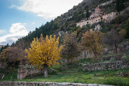 Ruins of the medieval Byzantine ghost town-castle of Mystras, Peloponnese, Greeceの写真素材