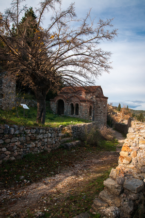 Ruins of the medieval Byzantine ghost town-castle of Mystras, Peloponnese, Greeceの写真素材