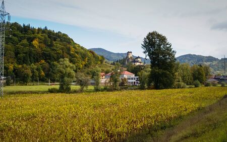 Scenic autumn landscape with yellow field in Slovakiaの写真素材