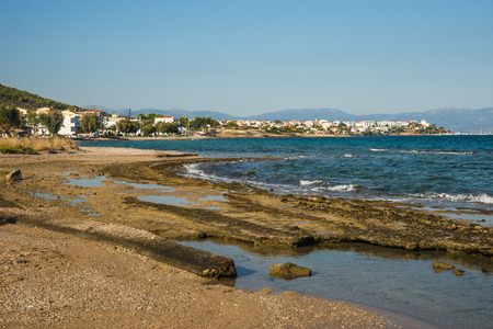 Scenic Seafront and the beach near  town of Scala, Agistri Island,  Greeceの写真素材