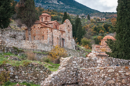 Ruins of the medieval Byzantine ghost town-castle of Mystras, Peloponnese, Greeceの写真素材