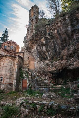 Ruins of the medieval Byzantine ghost town-castle of Mystras, Peloponnese, Greeceの写真素材