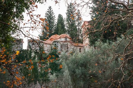 Ruins of the medieval Byzantine ghost town-castle of Mystras, Peloponnese, Greeceの写真素材