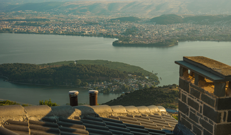 Beautiful  view of the lake from the mountain, Ioannina, Greeceの写真素材
