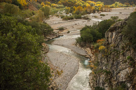 Scenic mountain autumn landscape with a river, Evitania, Greeceの写真素材
