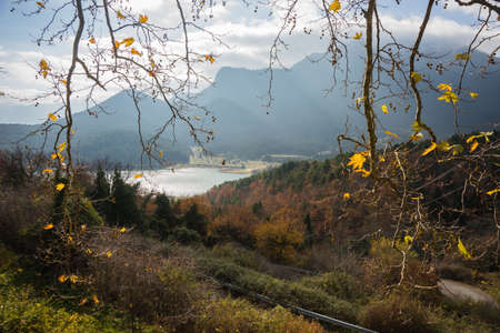 The mountain autumn landscape with a lake on Peloponnese in Greeceの写真素材