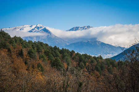 Scenic mountain landscape with snow on Peloponnese, Greeceの写真素材