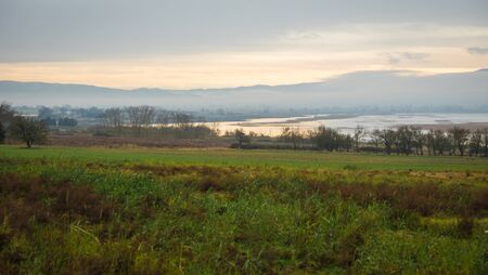 Scenic and beautiful landscape with lake Koroneia, Northern Greeceの写真素材