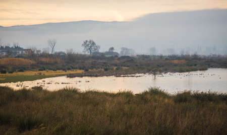 Scenic and beautiful landscape with lake Koroneia, Northern Greeceの写真素材