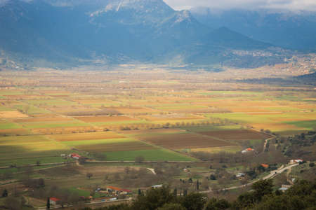 Autumn landscape with mountains and clouds near Stimfalia lake, Peloponnese, Greece