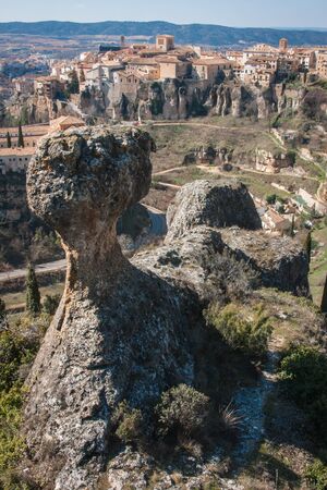 Scenic and unusual view to city Cuenca and strange rock formationsの写真素材