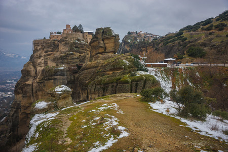 Scenic views of the mountains and monasteries of Meteora in winter, Greece
