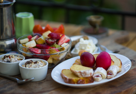 Image of beautifully served breakfast of organic food on a wooden tray